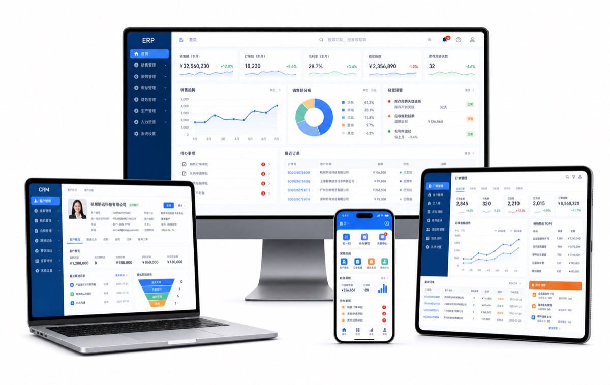 ERP、CRM、数据看板和小程序组成的企业软件套件